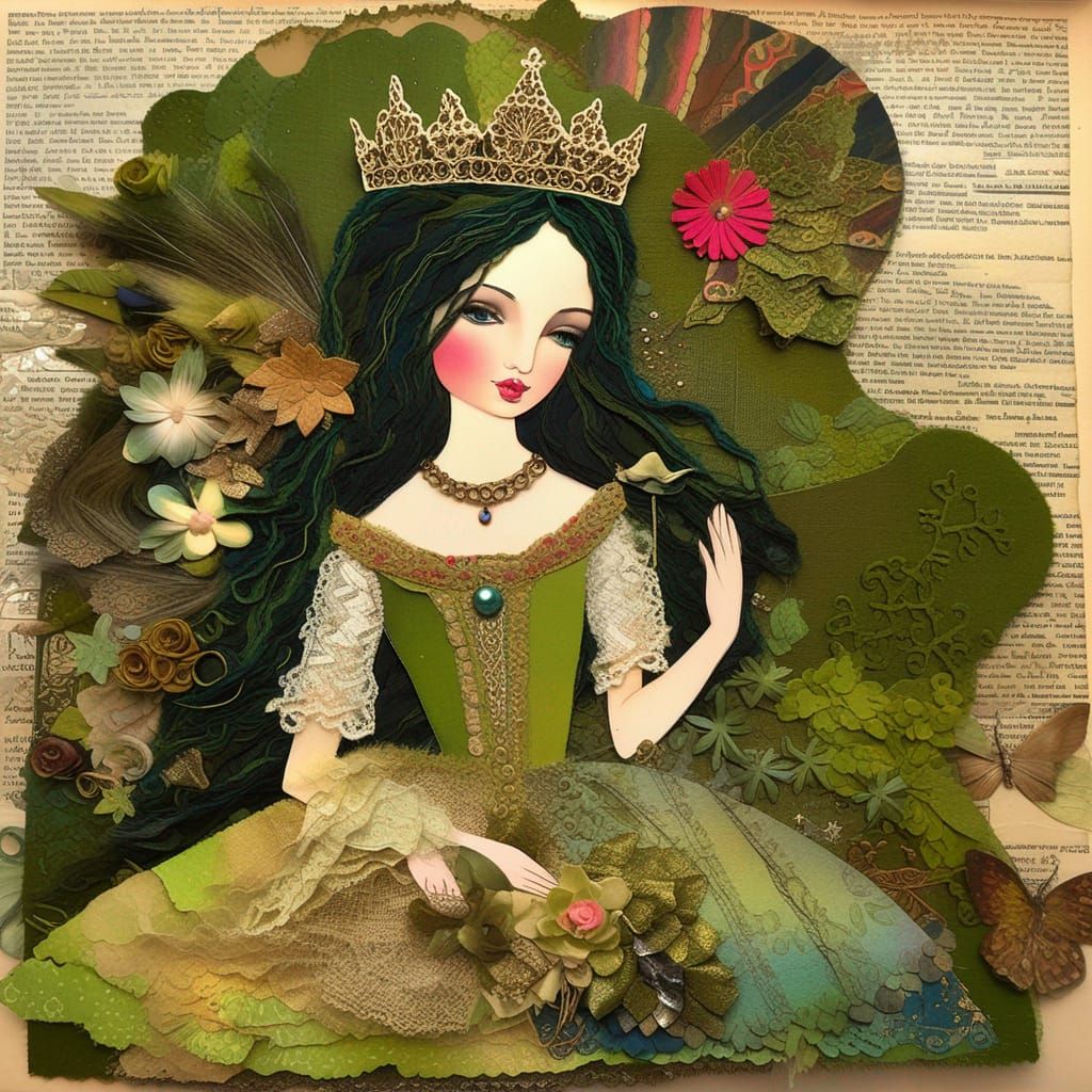 Elaborate Mixed-Media Collage of a Moss Princess