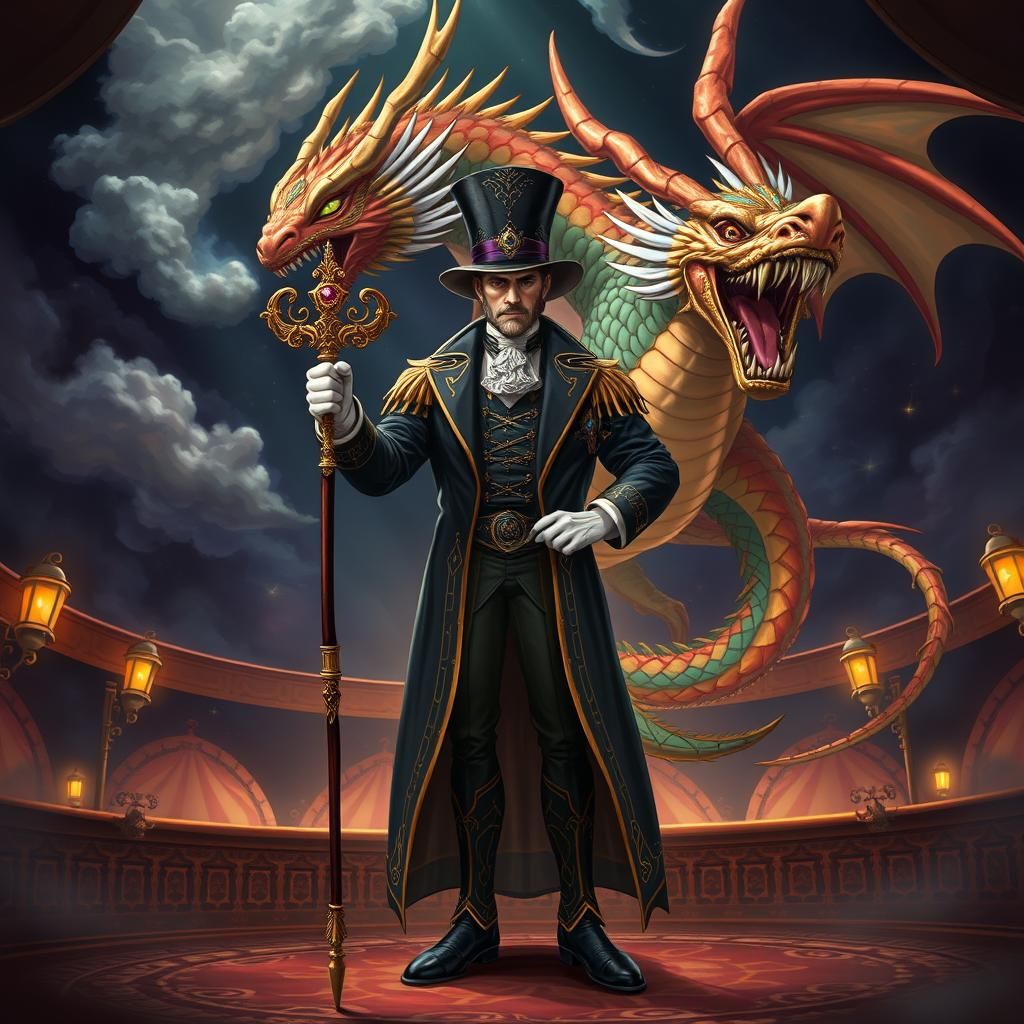Ringmaster Taming Dragon in Anime Key Visual Style