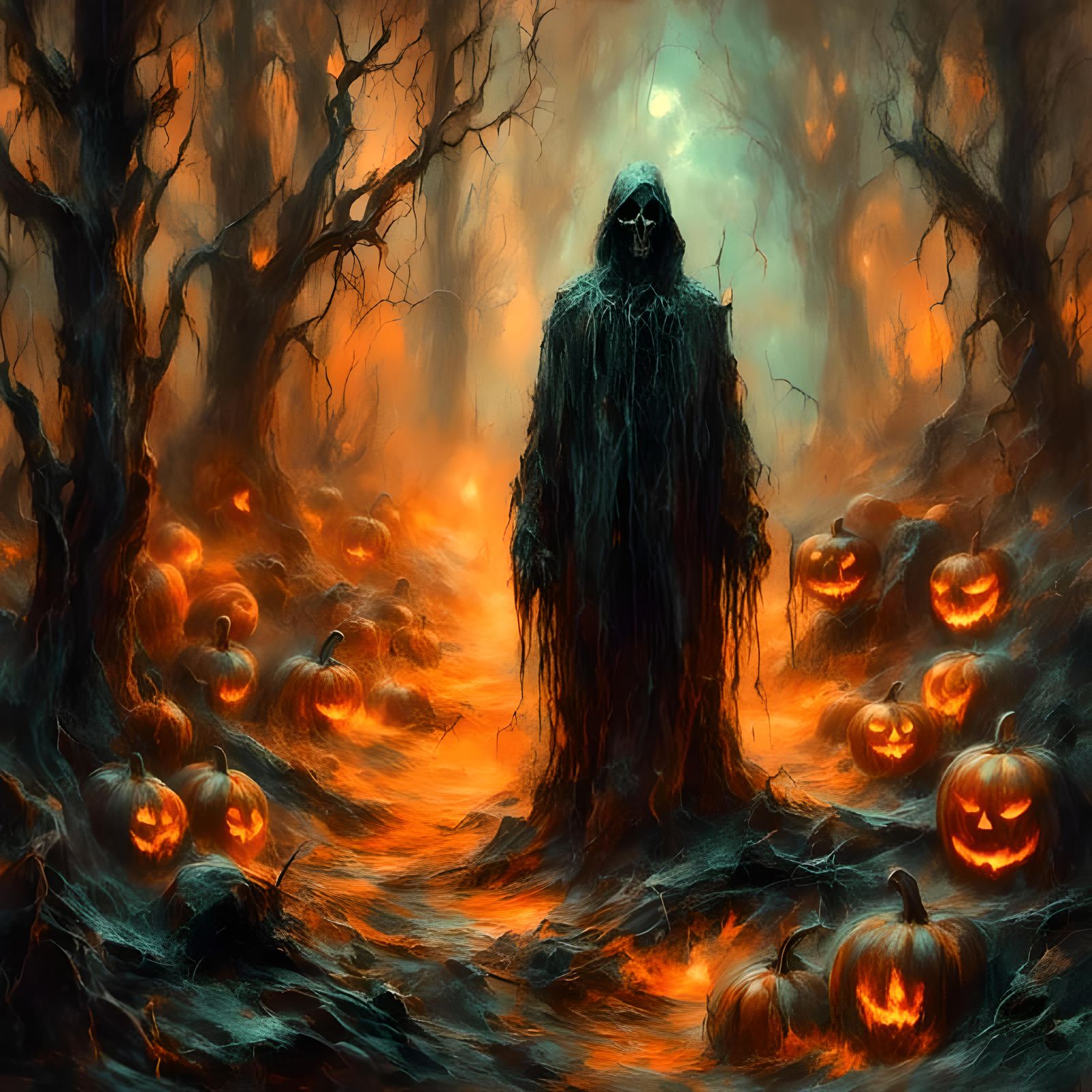Eerie Spirits in Mystical Halloween Forest, Oil Painting