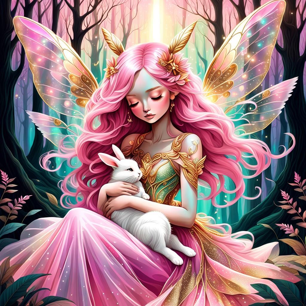 Fairy with Bunny in Magical Pastel Forest