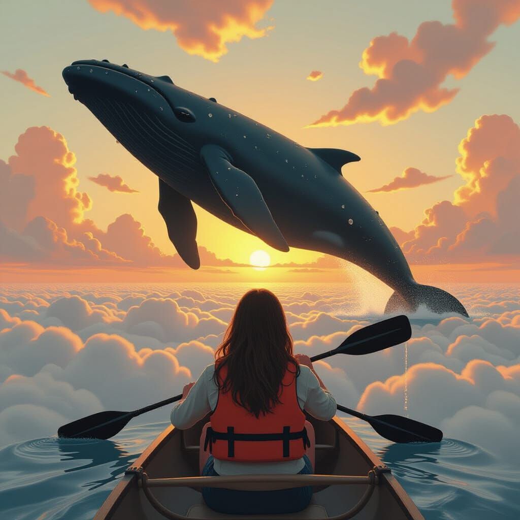 Canoeist Paddles Through Clouds as Whale Breaches