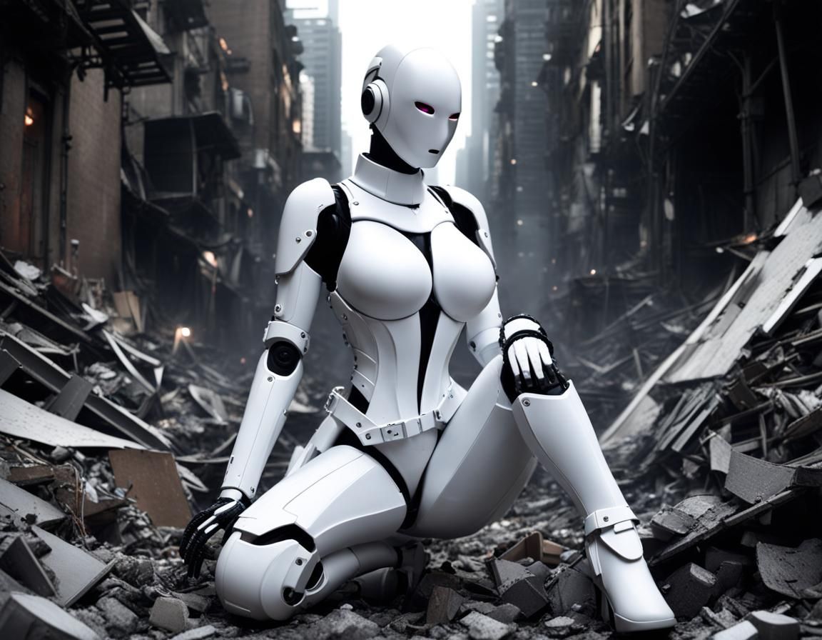 Apocalyptic Cyberpunk Robot Crawling Through Ruins