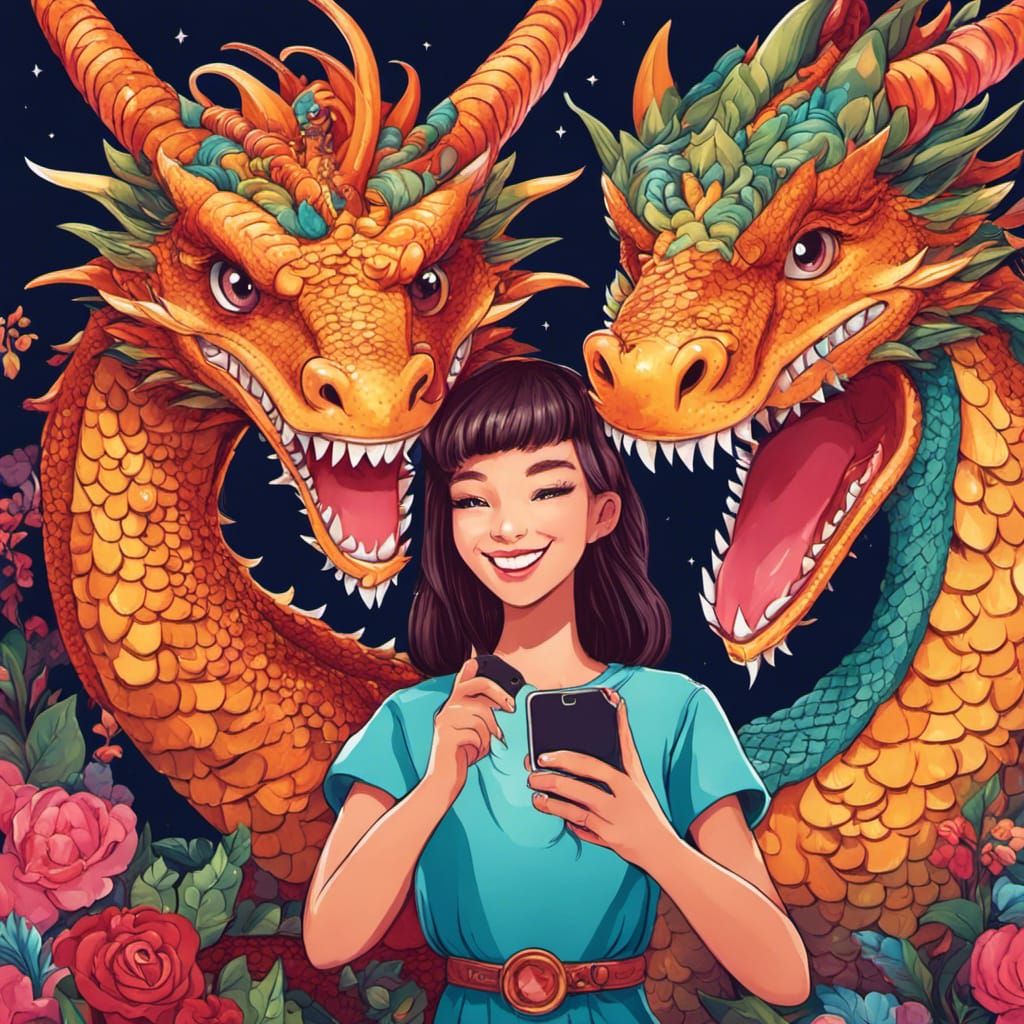 Girl and Dragon Selfie: Cute Fantasy Illustration