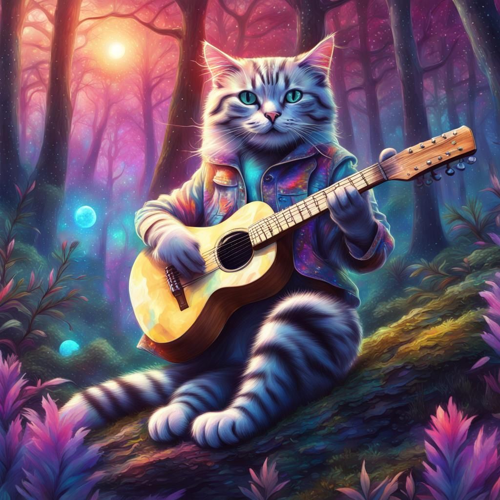 Cat Plays Guitar: Cosmic Holographic Illustration