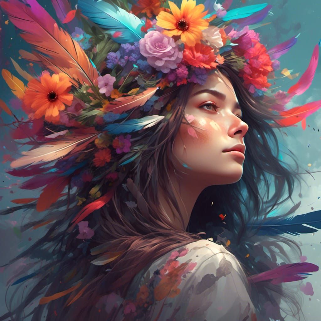 Bohemian Woman Portrait with Flowers and Feathers