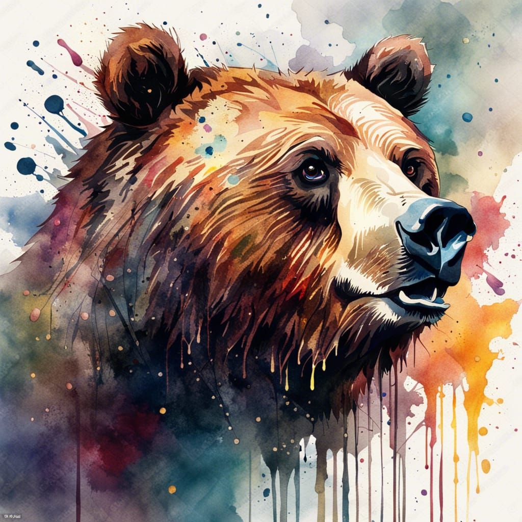 Watercolor Grizzly Bear with Splatter Art