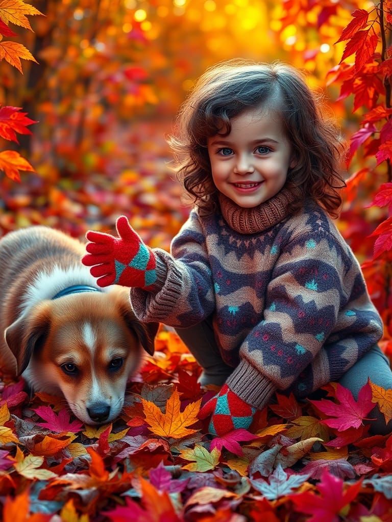 Girl and Dog Playing in Autumn Leaves, Synthwave Style