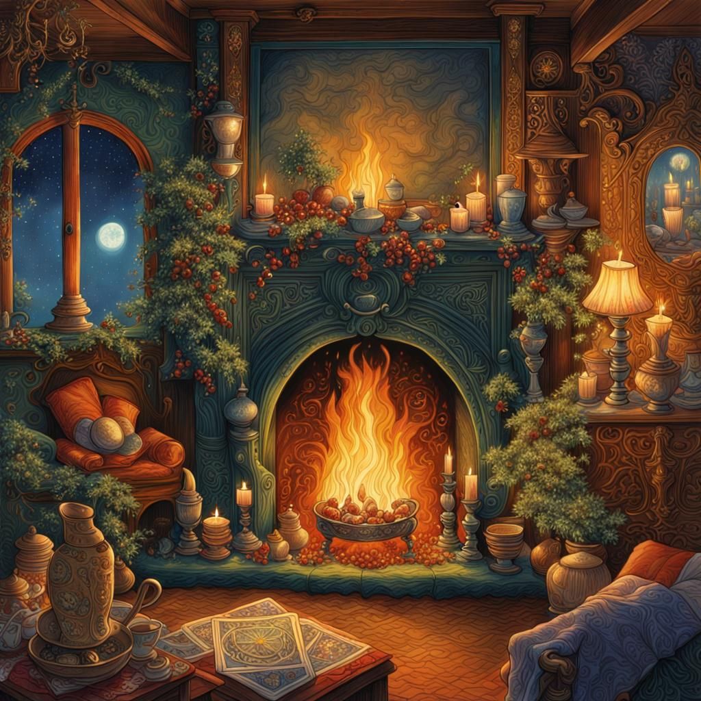 Cozy Fireplace in Tarot Art Style
