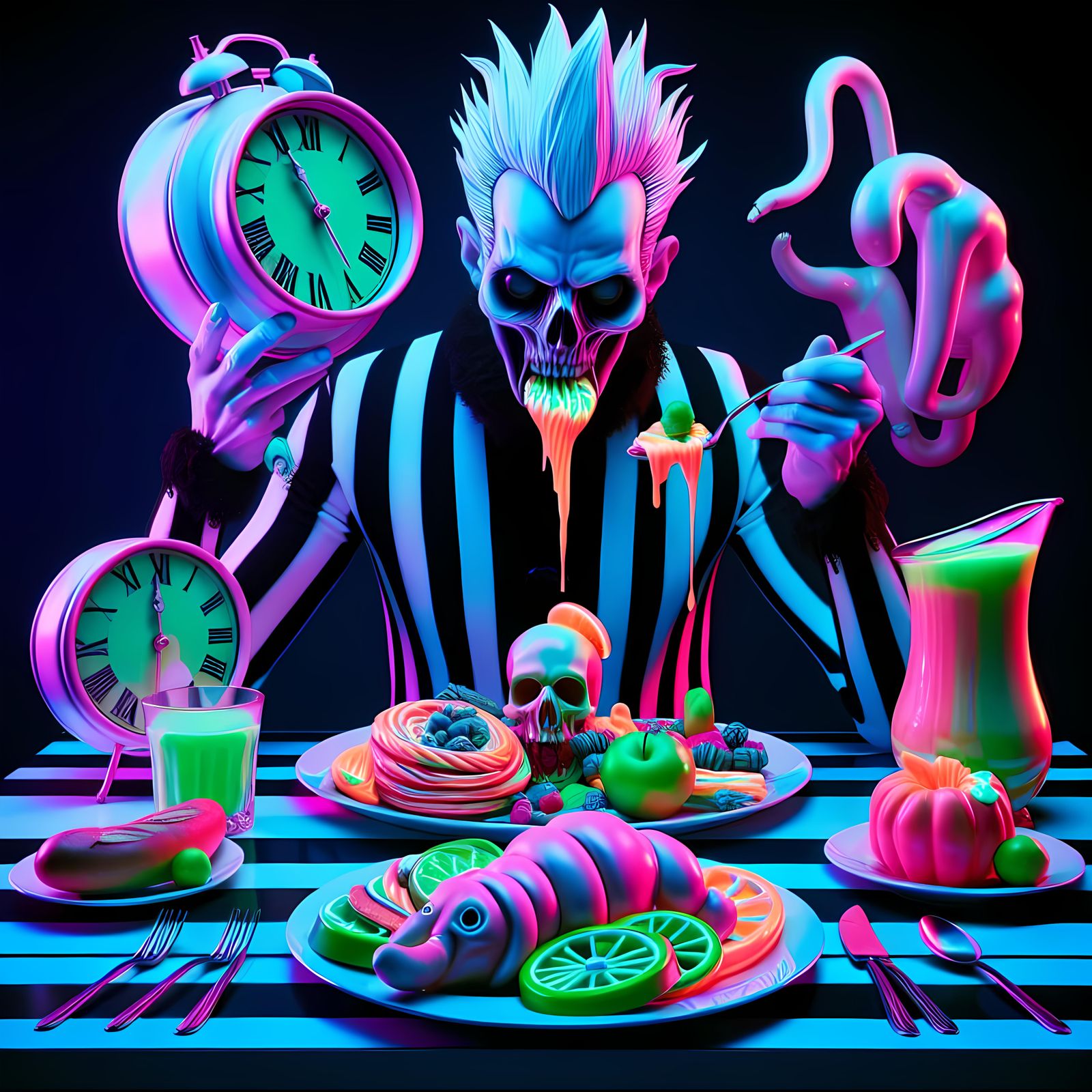 Surreal Neon Horror Breakfast Scene