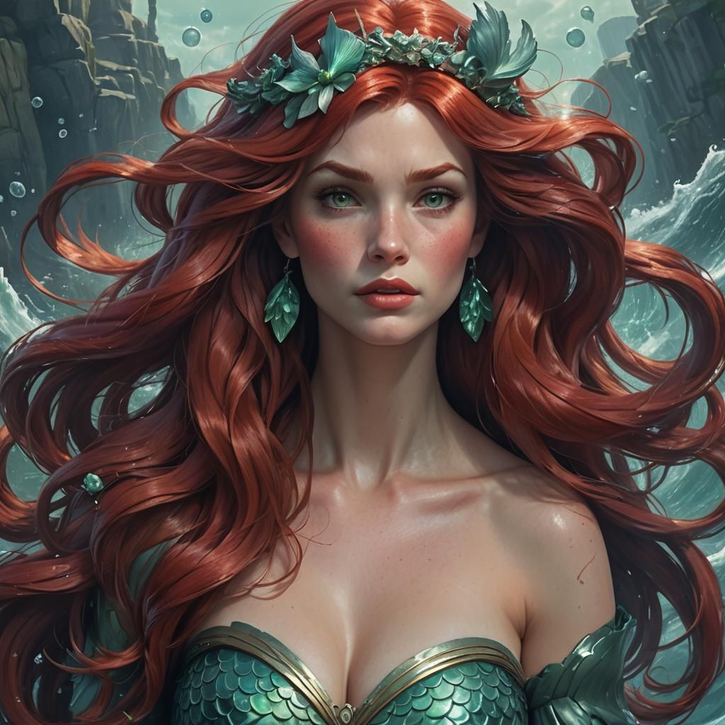 Dominant Mature Mermaid Portrait in Art Nouveau Style