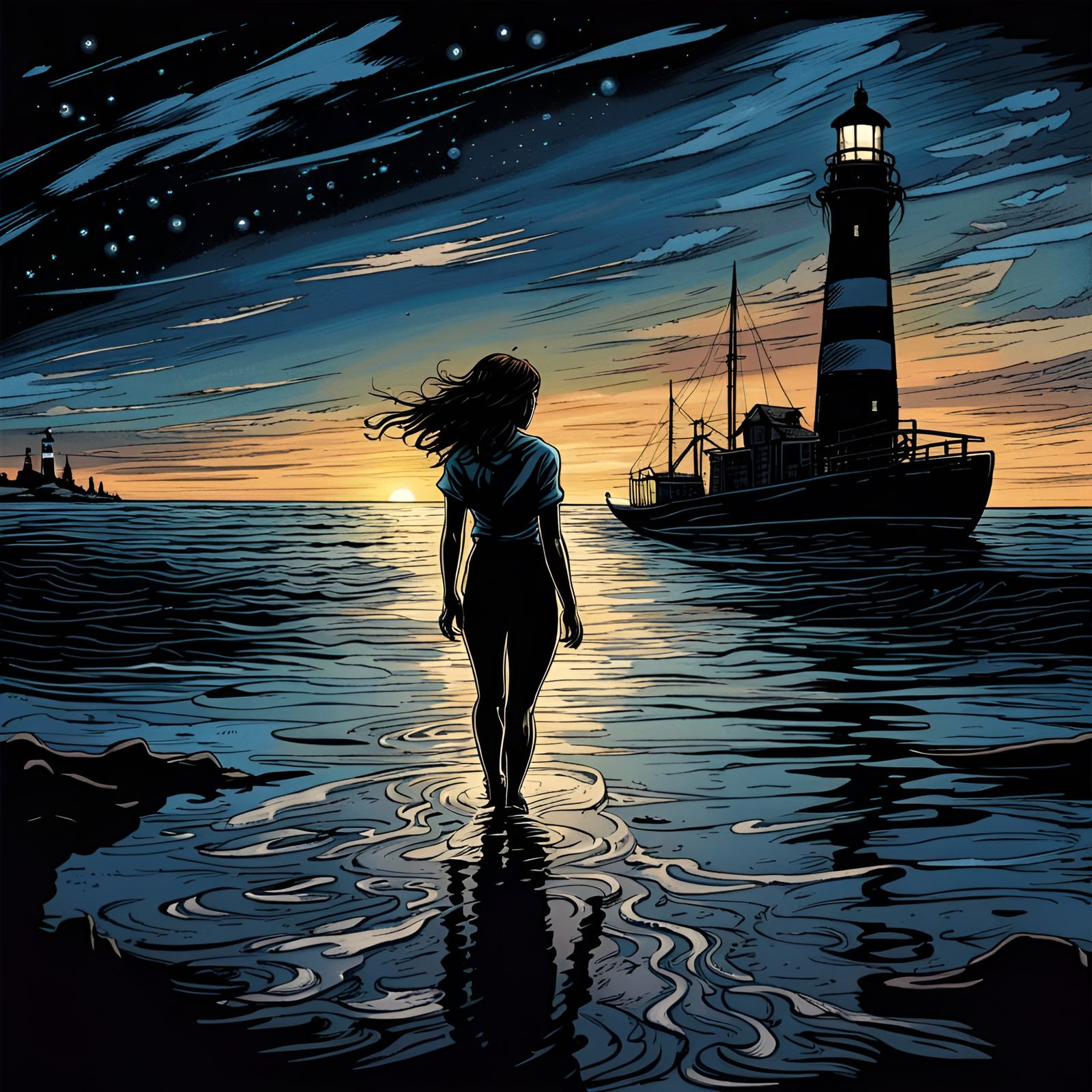 Sad Woman on Beach at Night in Comic Style
