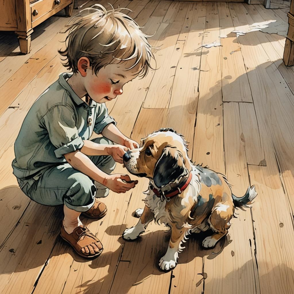 Toddler and Dog: Whimsical Watercolor Illustration