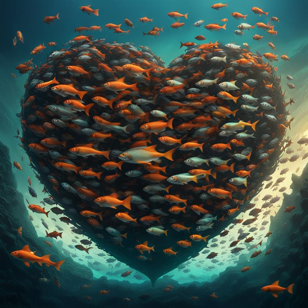 Heart-Shaped Fish School Around Sunken Ship