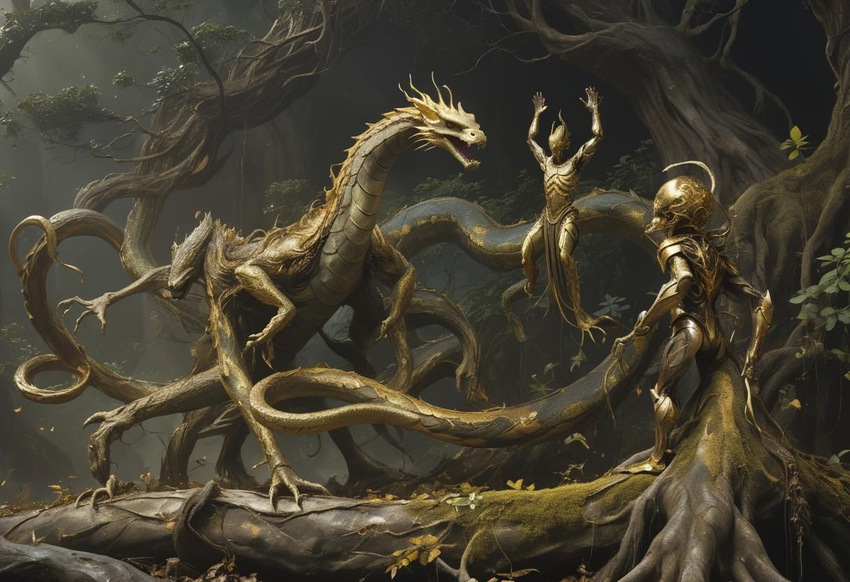 Creature Confrontation in Dark Fantasy Style