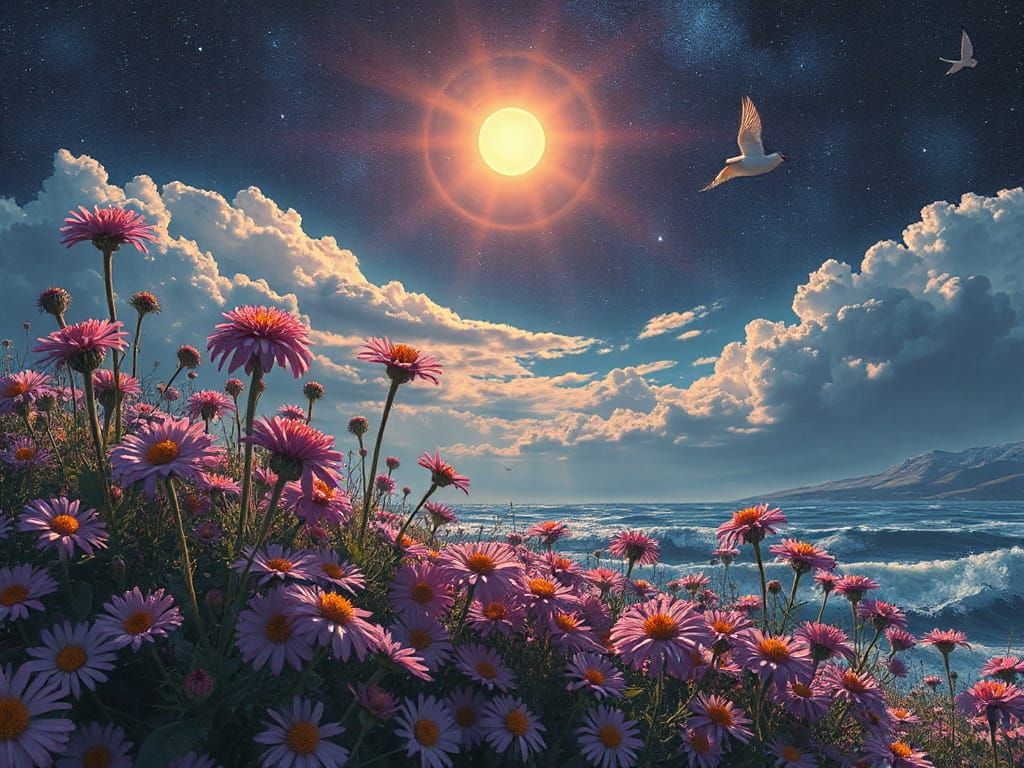 Golden Hour Asters Bloom Amidst Ancient Mysticism and Celest...
