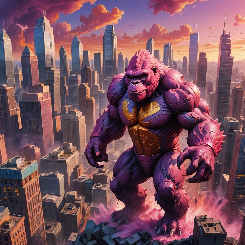 Pink Gorilla Kaiju City Destruction in Oil Painting Style