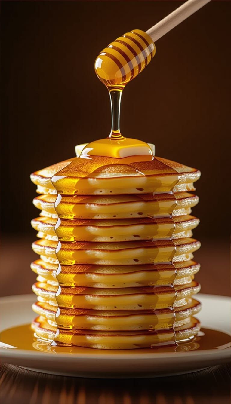 Hyperrealistic Stack of Pancakes with Dripping Honey