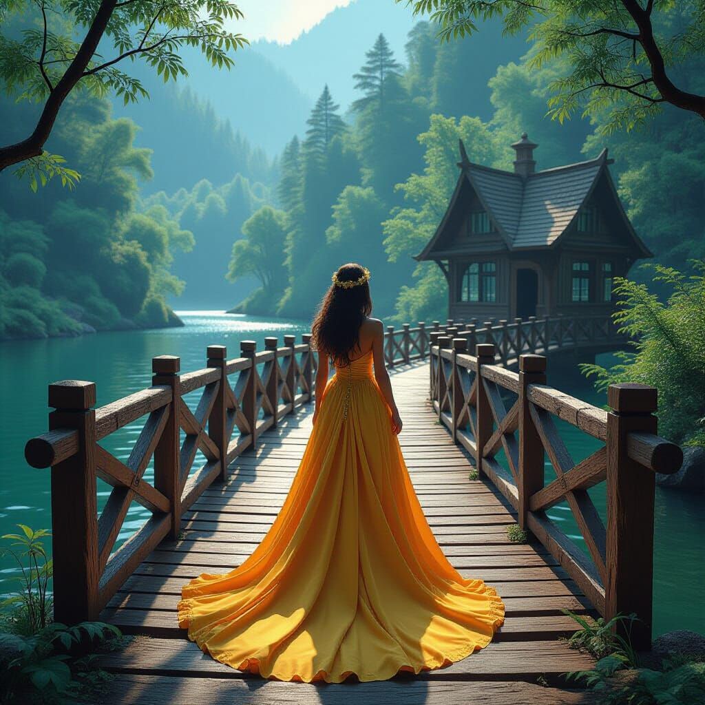 Dreamy Landscape with Woman in Yellow Dress