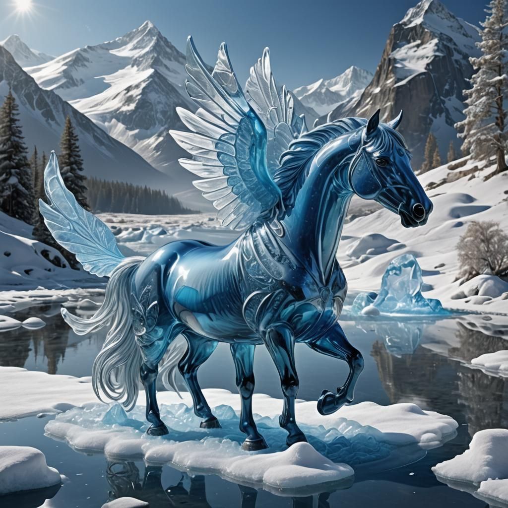 Fantasy Crystal Horse with Wings in Icy Landscape