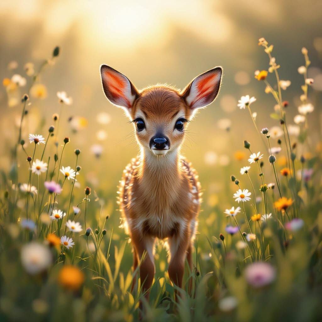 Baby Deer in Sunlit Meadow, Impressionist Style