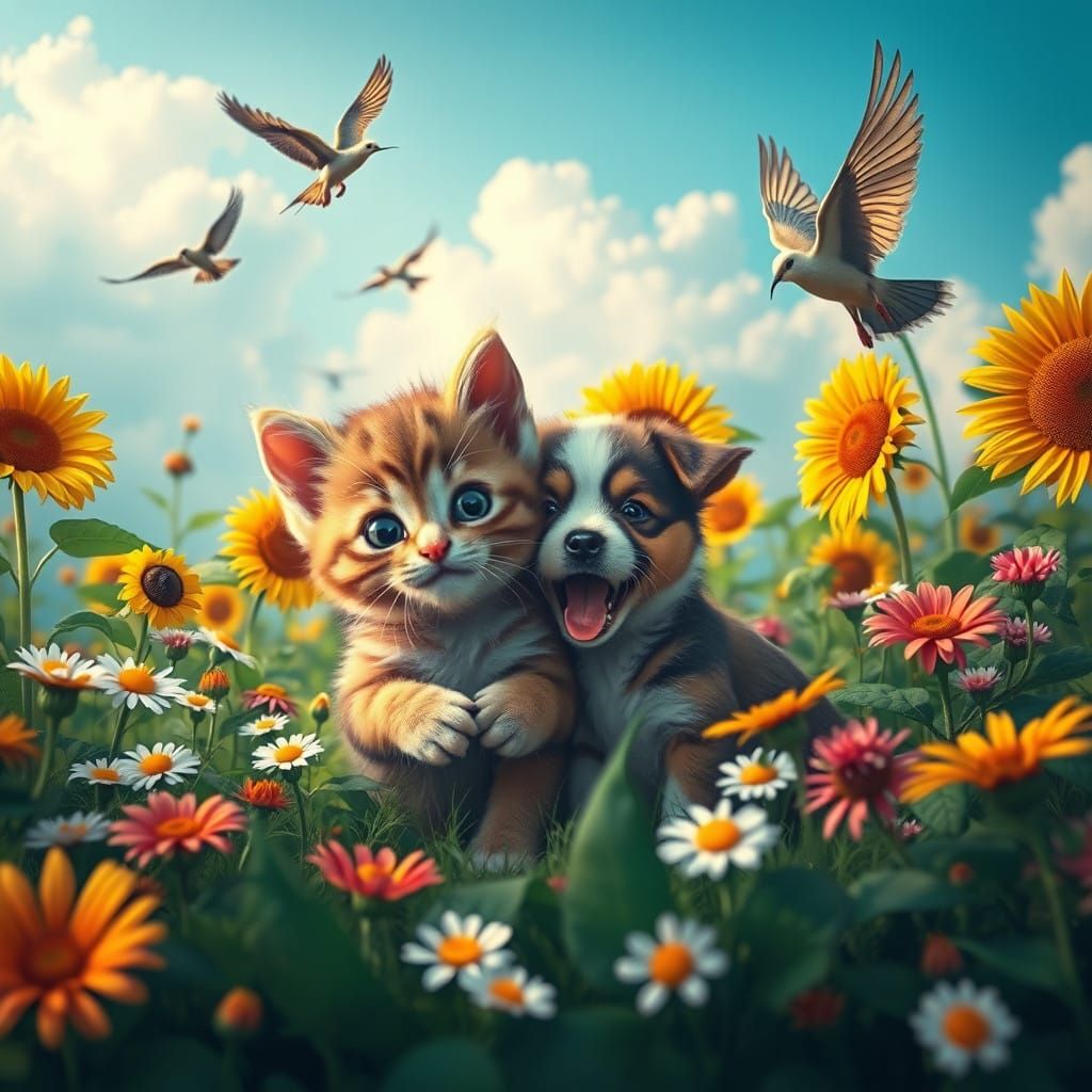 Whimsical Friendship Scene in a Sunny Meadow