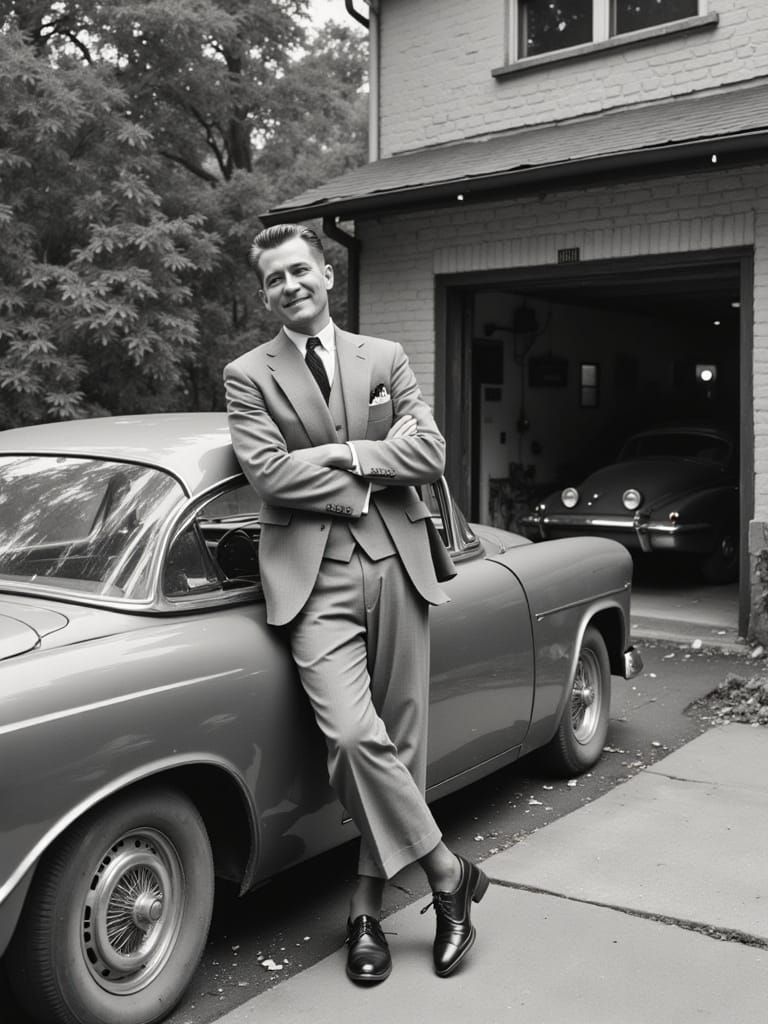 Happy 1950s Businessman in New York, Water-Ink Style