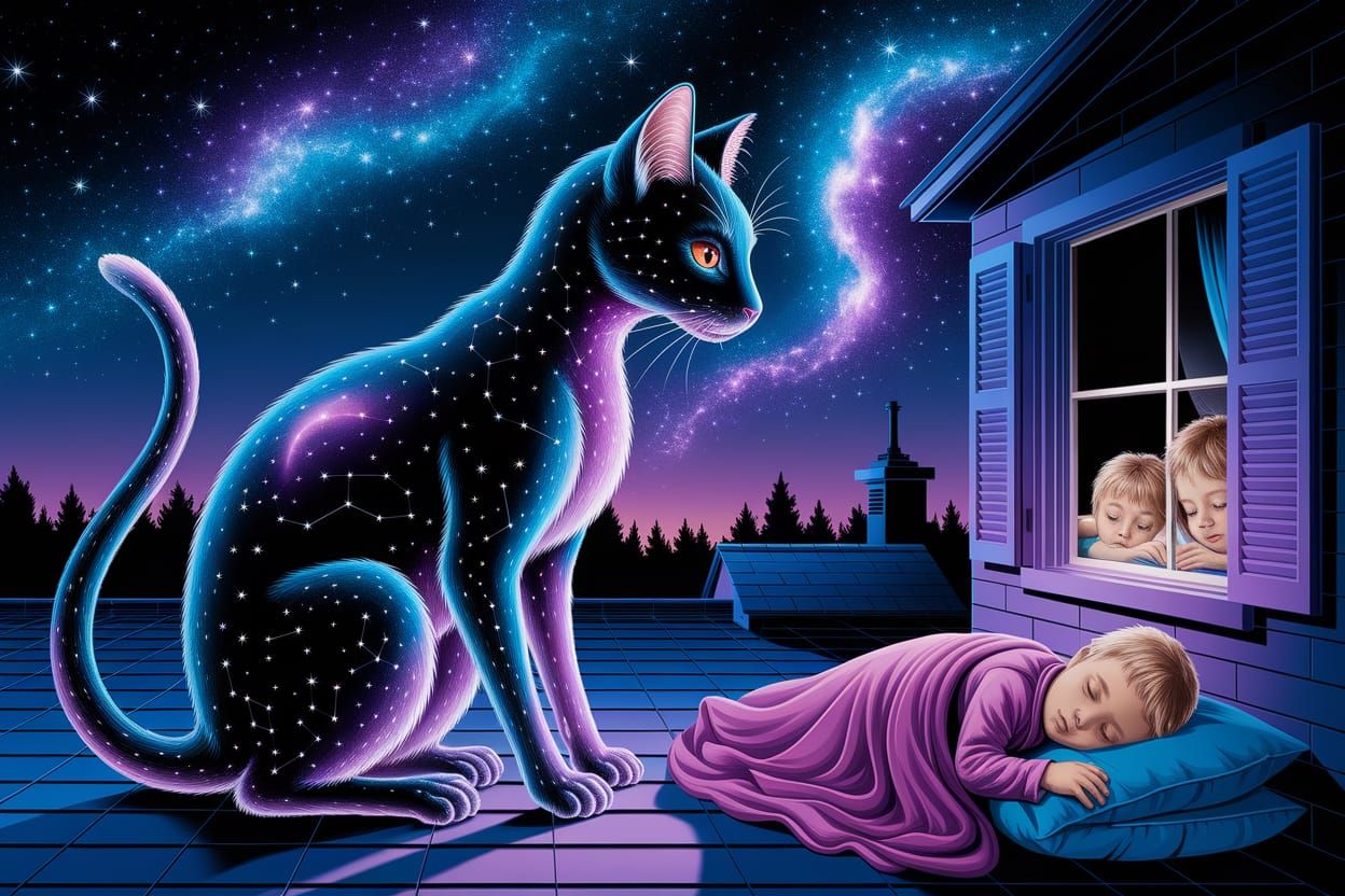 Cosmic Cat-Dragon Guardian Under Starry Sky