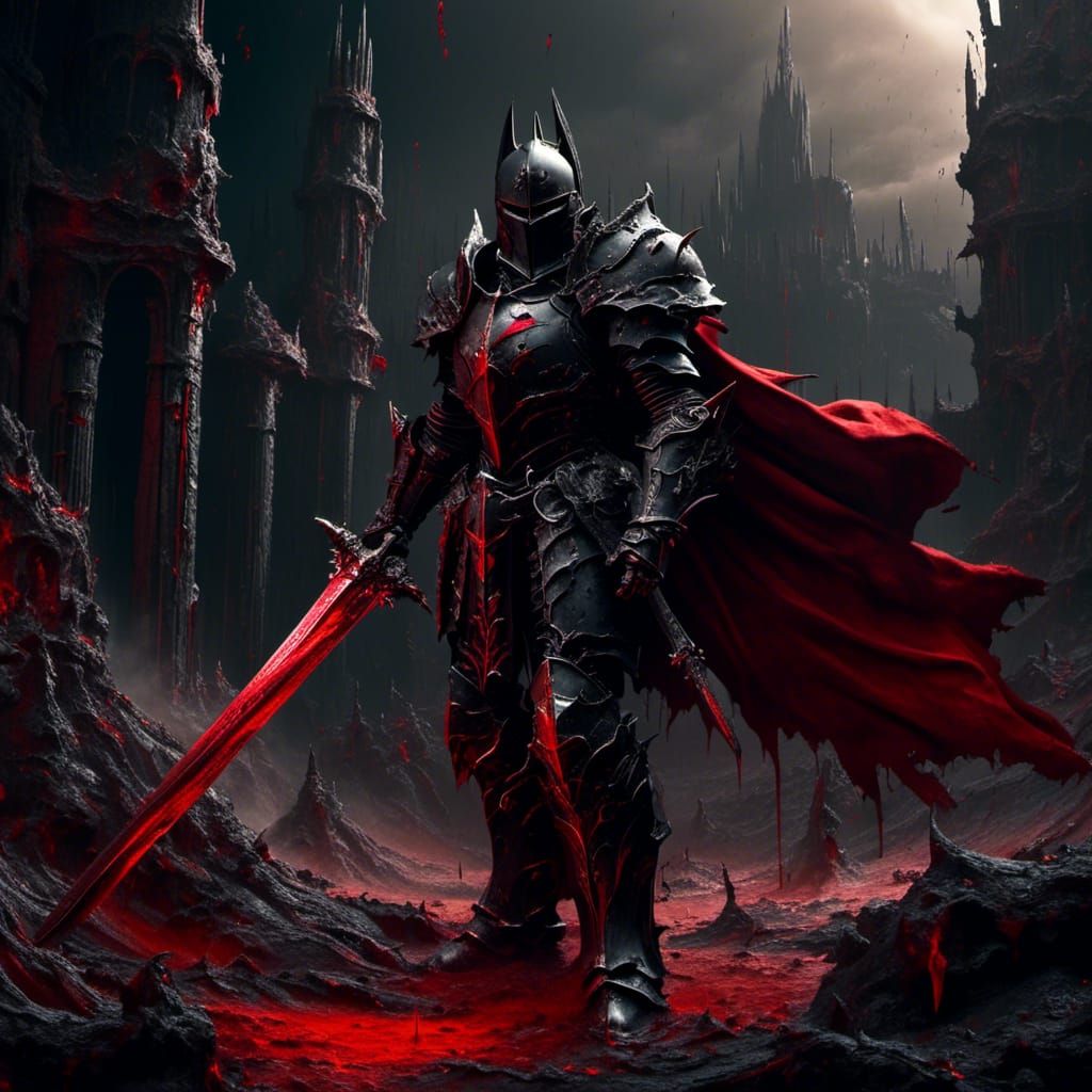 Dark-fantasy, Dark Knight, gothic black armour with blood-re...