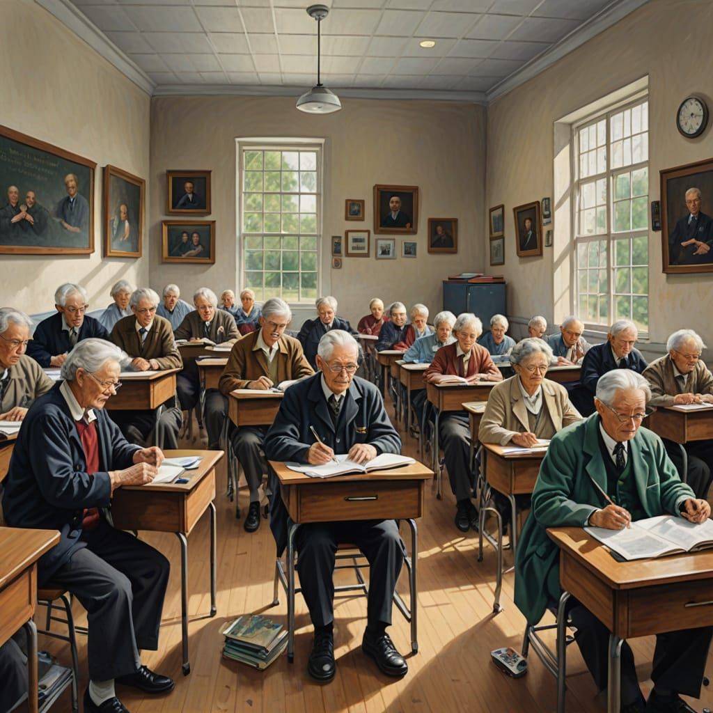 Elderly Students in College Classroom Painting