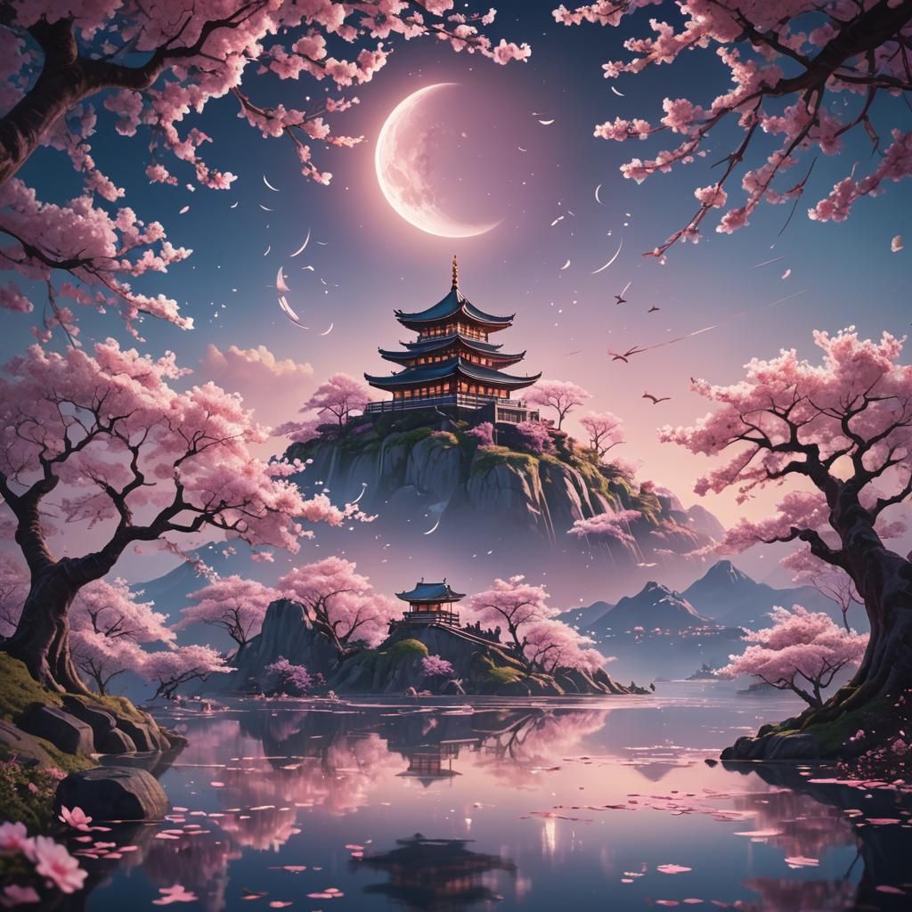 Floating Island with Crescent Moon: Dreamlike Matte Painting
