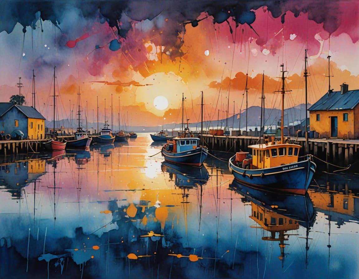 Fishing Boats at Harbour: Watercolor Impasto Painting
