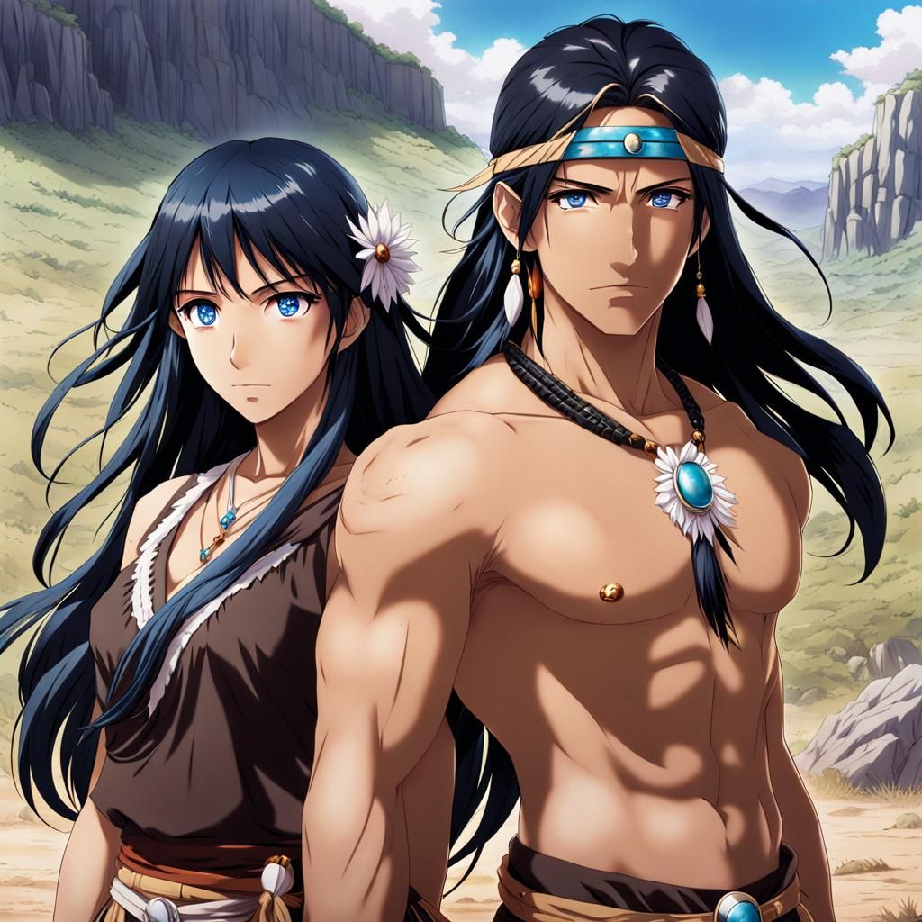 Native Americans in Anime Style on Barren Land