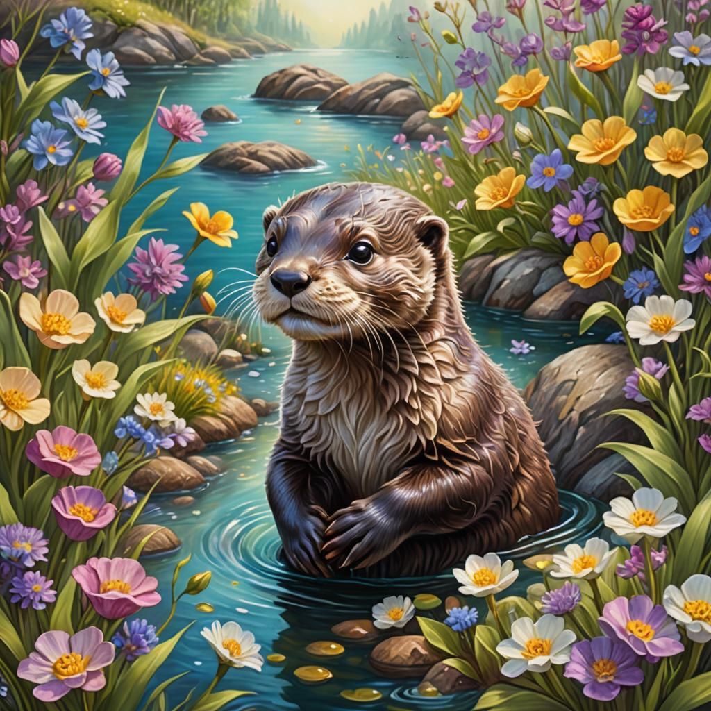Whimsical Otter Playing in Spring Flowers Digital Painting