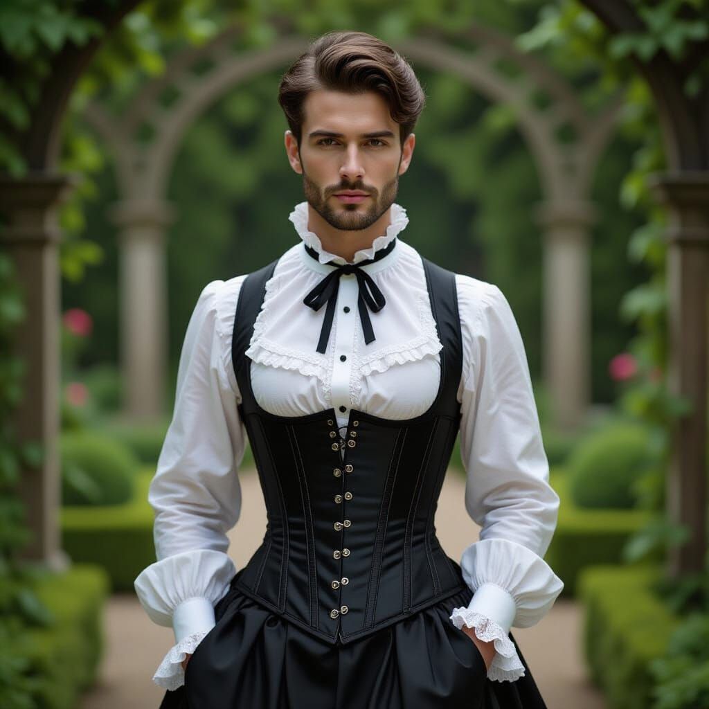 Man in Corset Dress in Gothic Garden