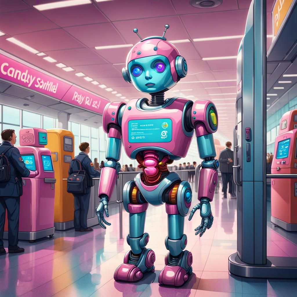 Robot at Airport Security in Candy Art Style