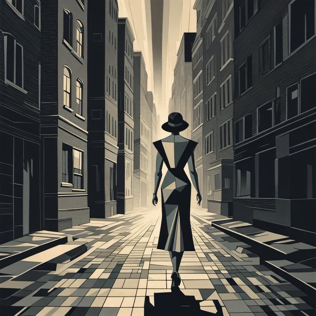 1930s woman in a dim city street. B and W