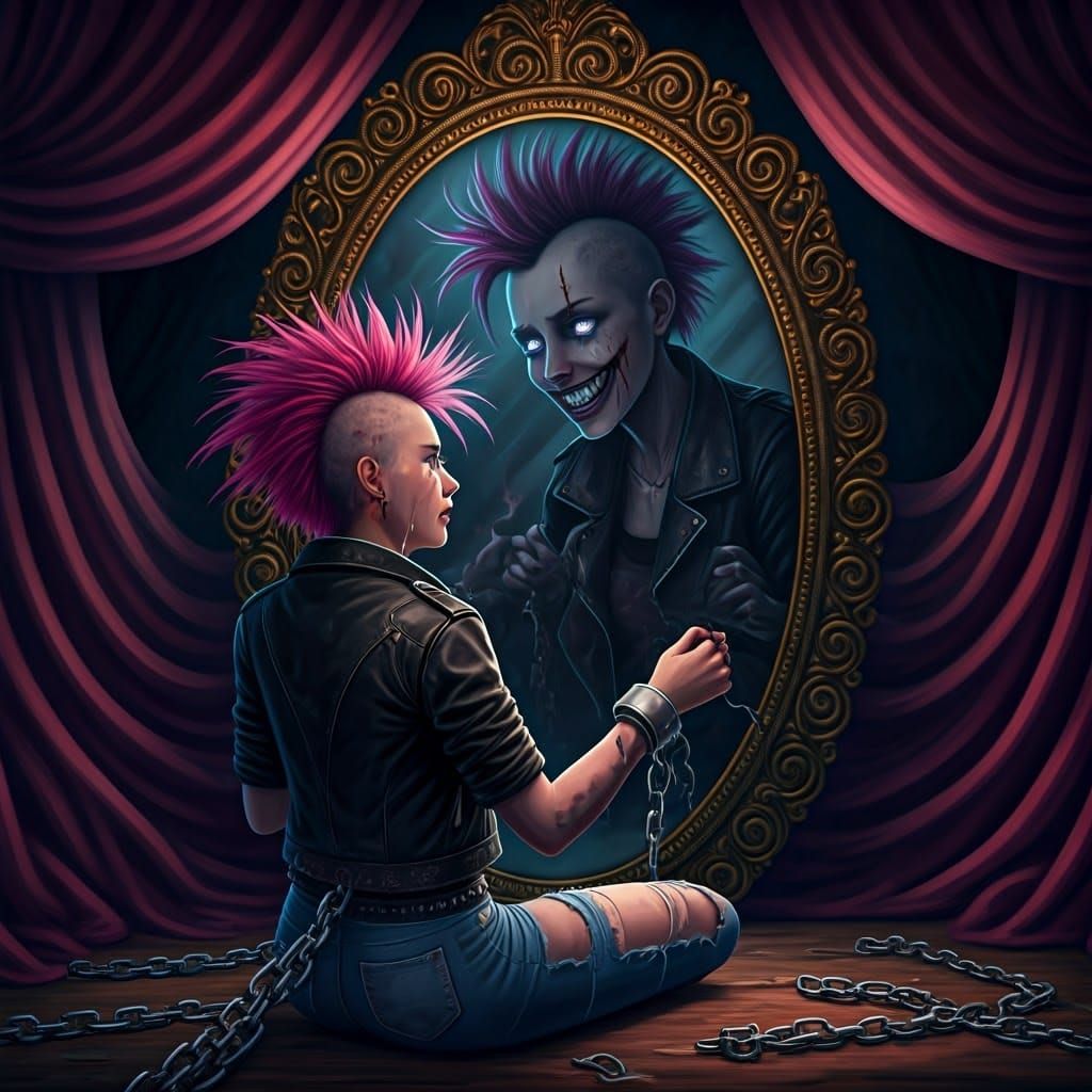 Pink-Haired Punk Girl and Mirror Doppelganger