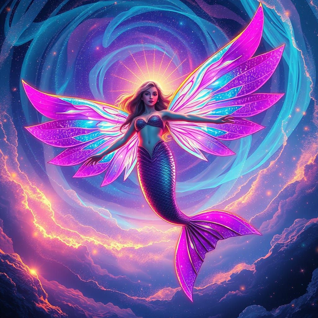 Mermaid in Cosmic Vortex with Iridescent Wings