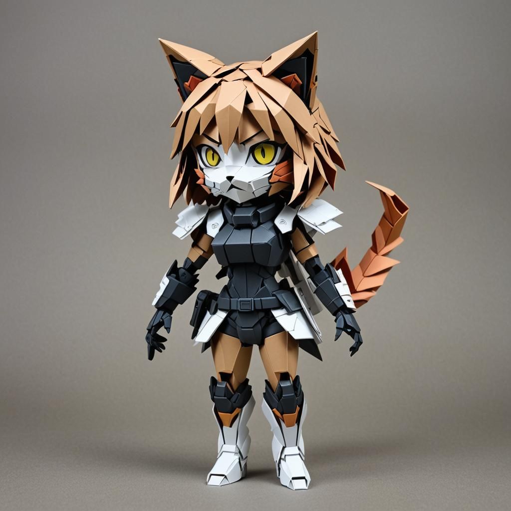 3D Origami Cyberpunk Cat-Girl Action Hero