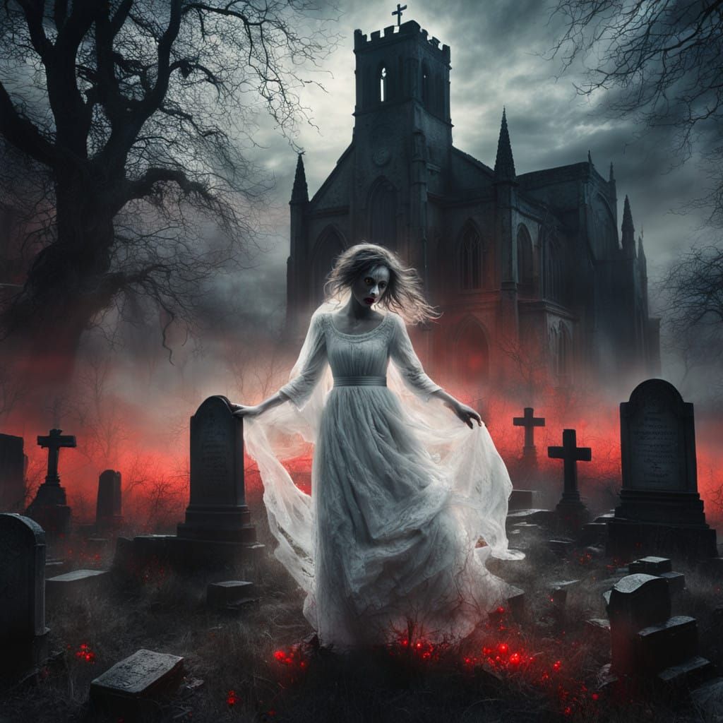 Ghostly Woman, Glowing Red Eyes, Haunting Churchyard