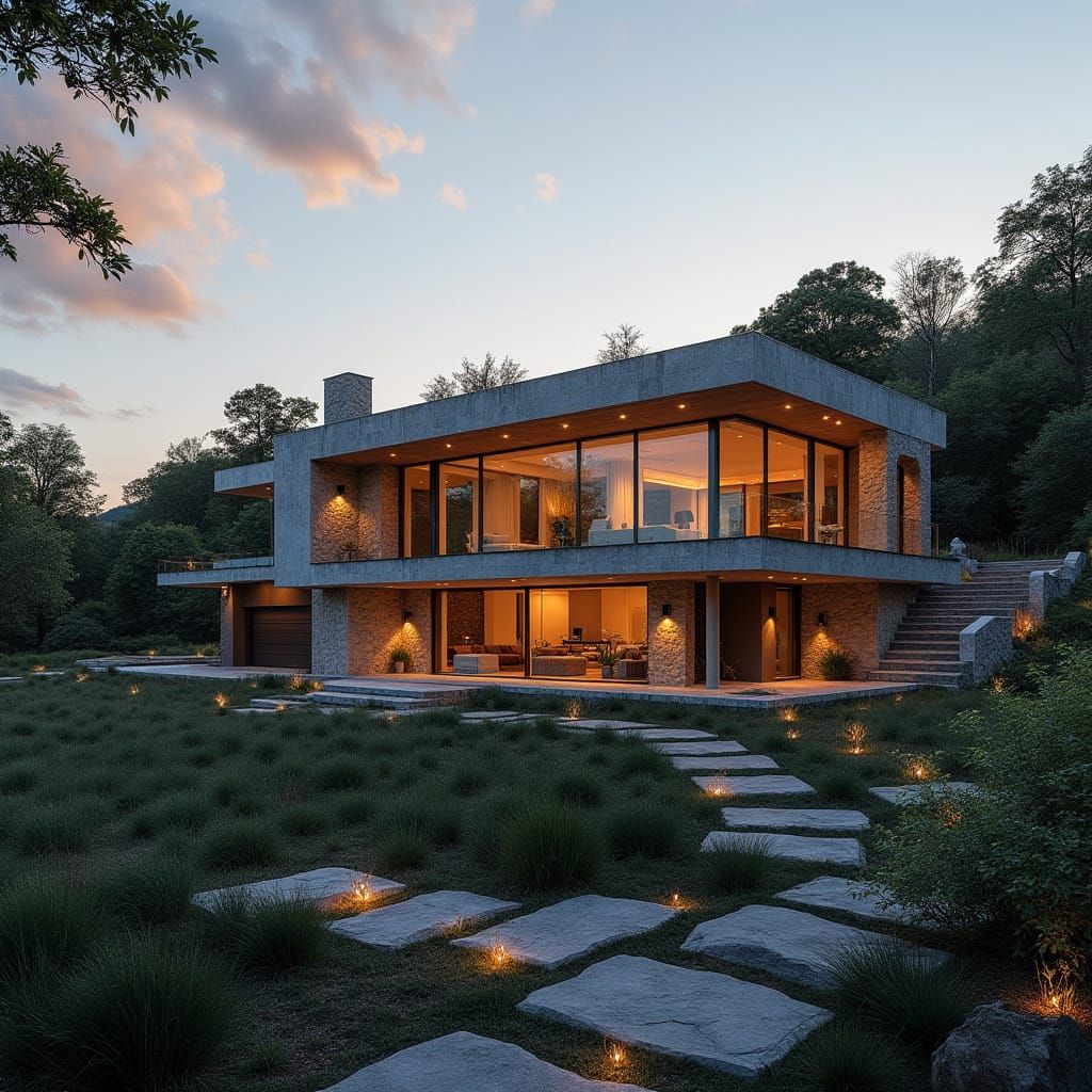 Modern Villa with Stone Facade at Sunset