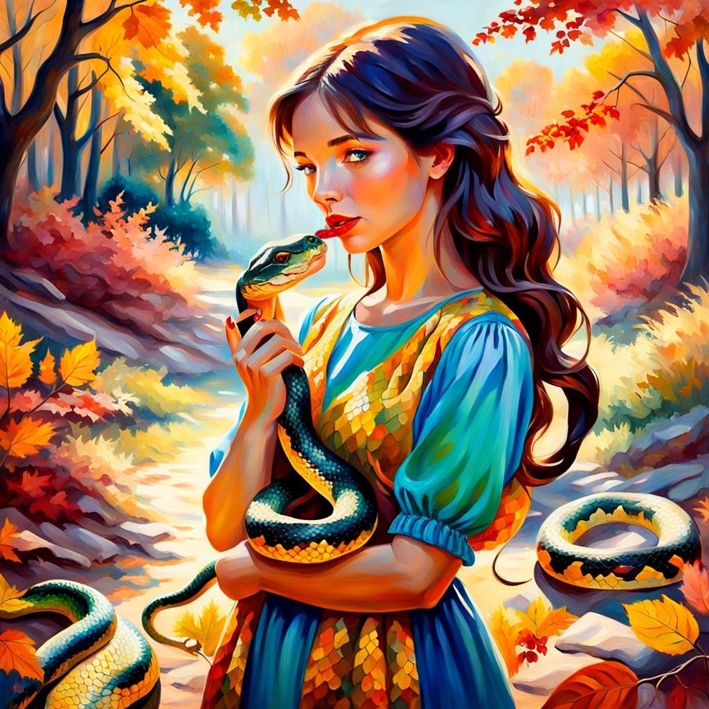 Girl with Snake in Autumn Landscape, Impressionism
