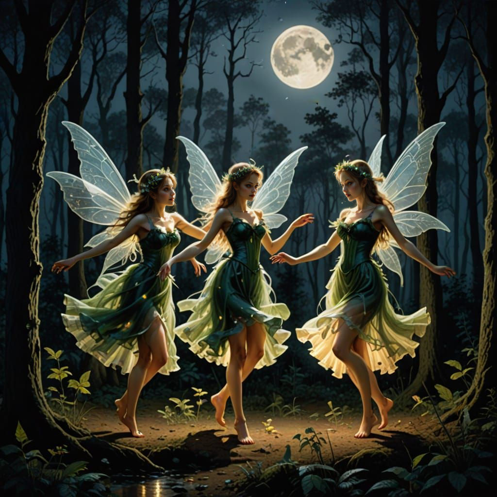 Moonlit Fairies Dancing in Whimsical Woodland Scene