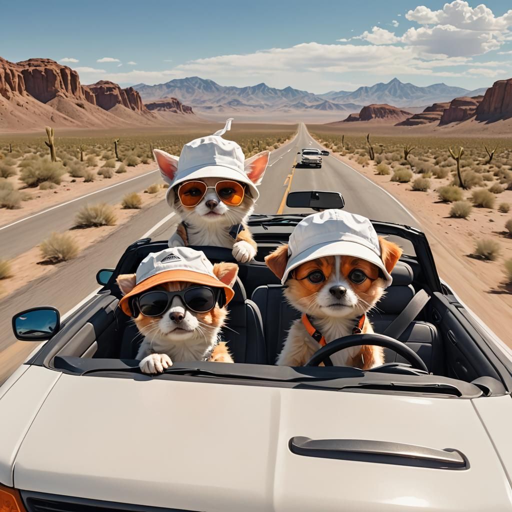 Kitten Drives Convertible with Friends: Anime Style