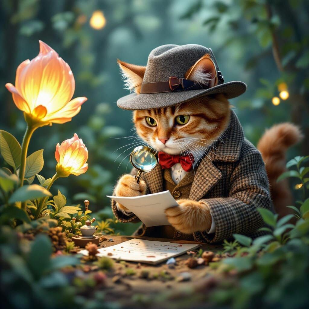 Ginger Cat Detective Investigates Whimsical Crime Scene