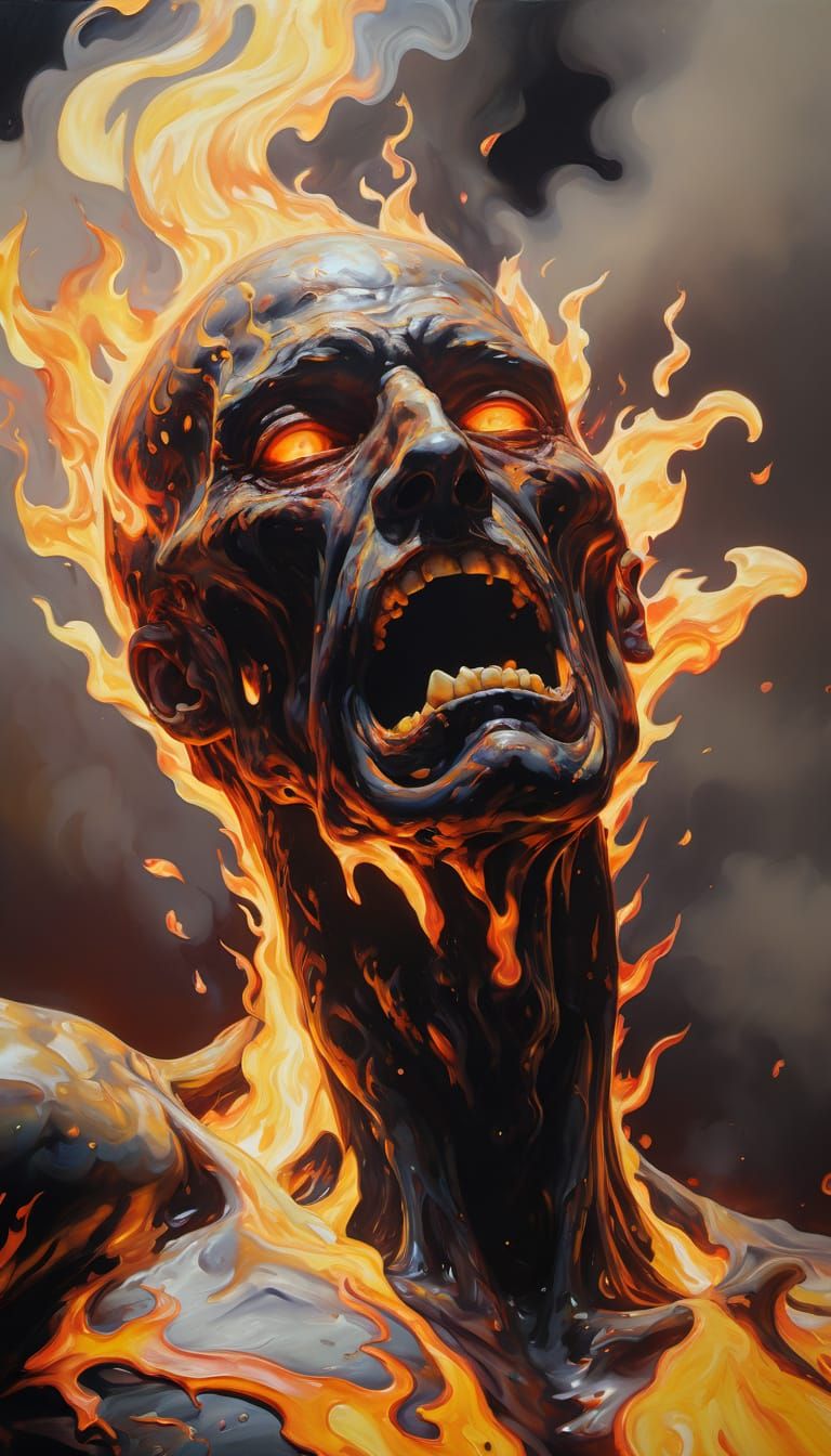 Surrealism. Close up. A figure consumed by flames.