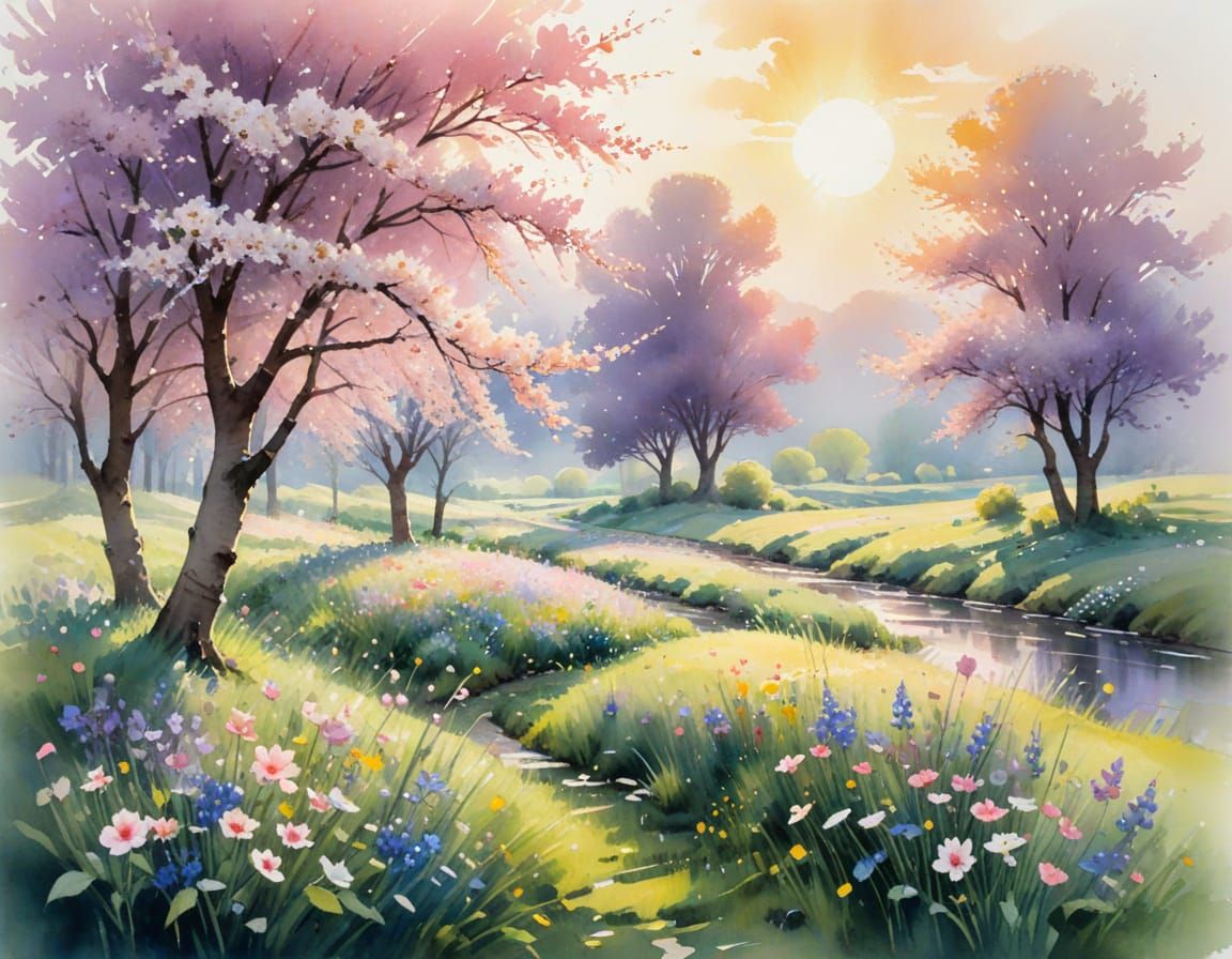 Radiant Spring Meadow in Watercolor Style