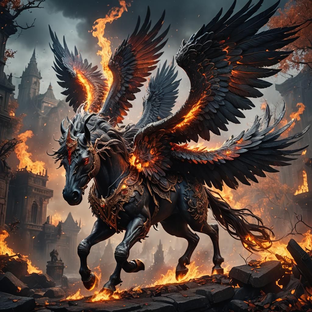 Nightmare Pegasus with Fire Eyes in Detailed Painting