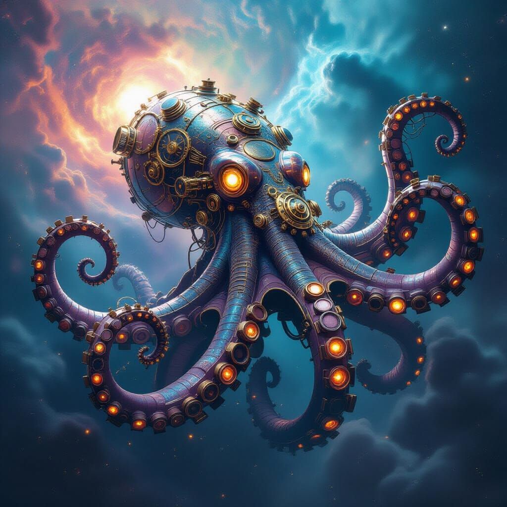 Steampunk Kraken Emerges from Cosmic Nebula