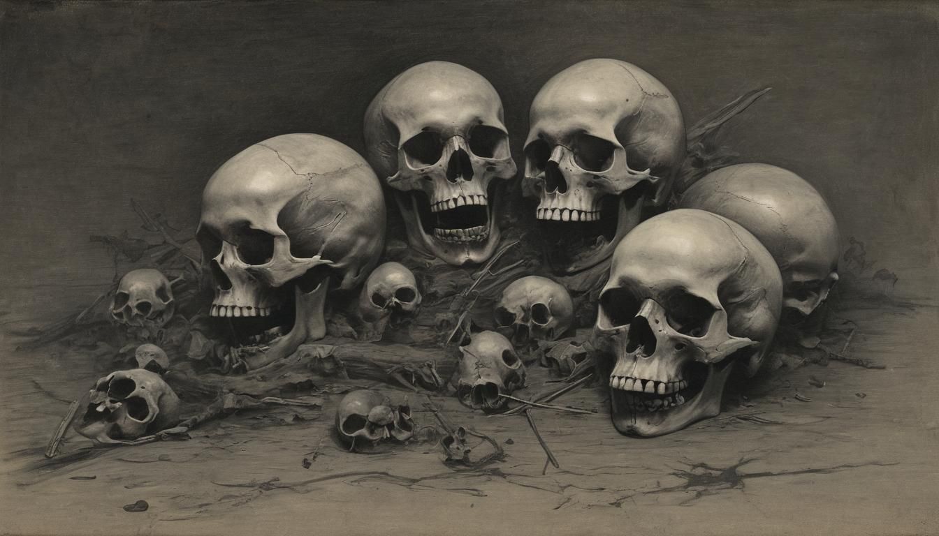 Skeletal Battle in Dark Mystical Charcoal Drawing
